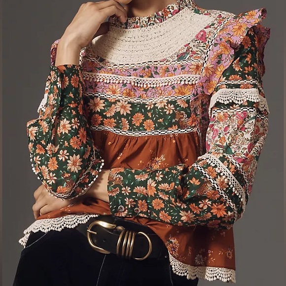 Farm Rio Lace-Bib Ruffle Blouse - Picture 1 of 10